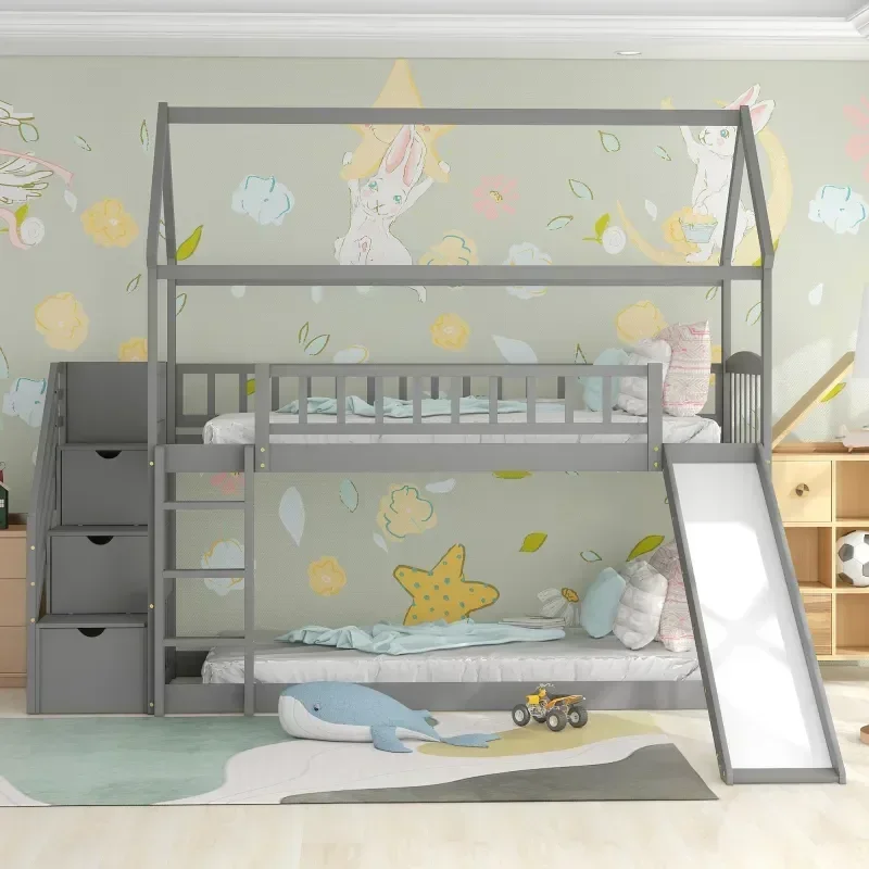 Bunk Bed With Stairs And Slide - Детская двухъярусная кровать из массива дерева,