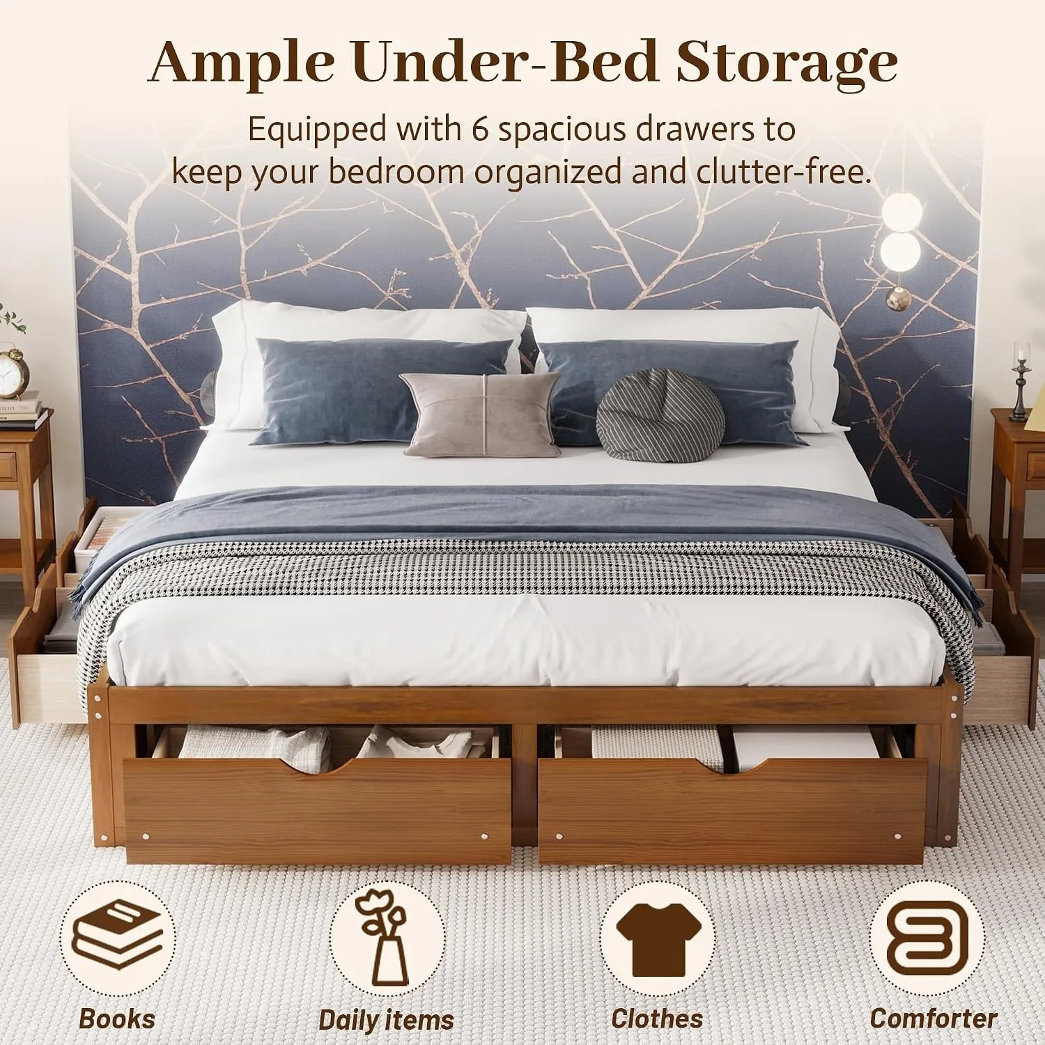 King Size Bed Frame With Storage Drawers - Минималистичная кровать-платформа из сосны, 6 выдвижных
